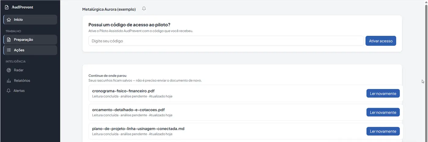 Tela: Início da AudPrevent