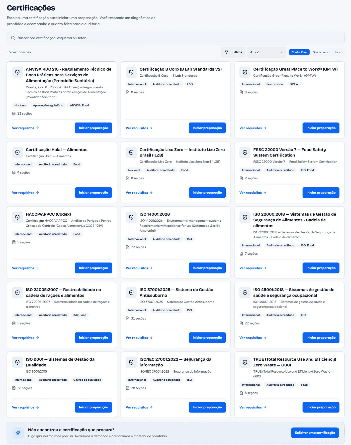 Tela: Catálogo com 15 certificações
